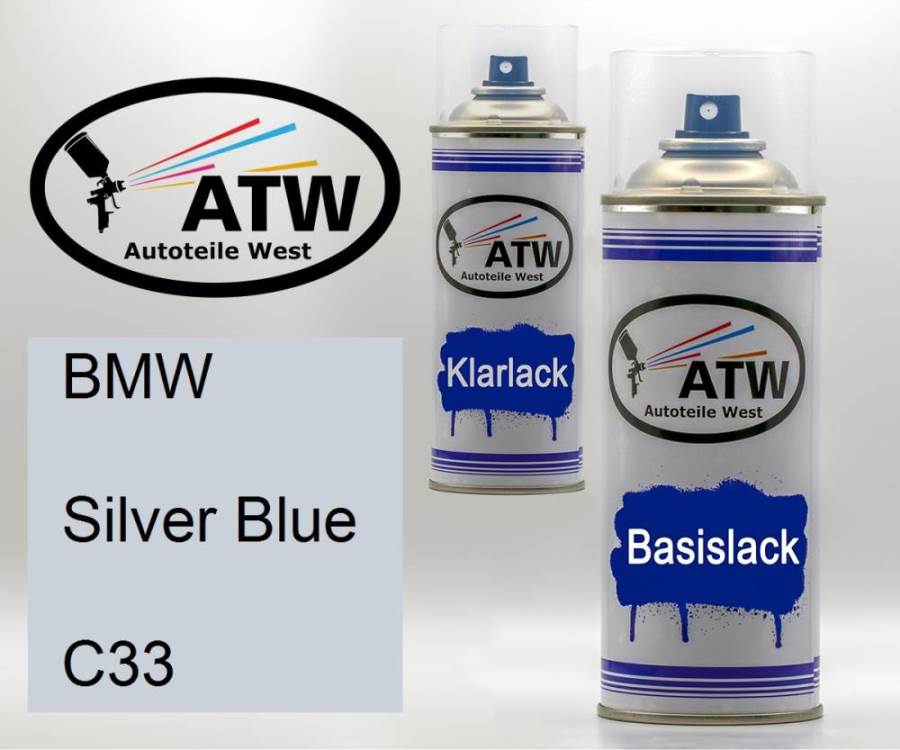 BMW, Silver Blue, C33: 400ml Sprühdose + 400ml Klarlack - Set, von ATW Autoteile West.